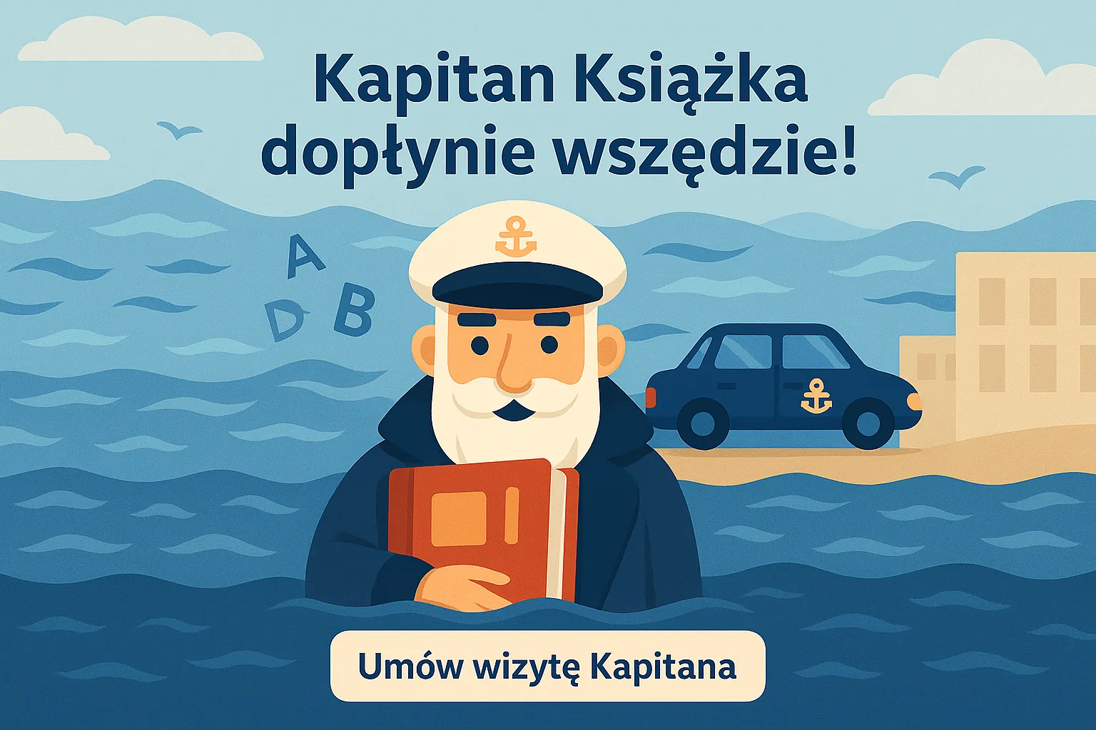 Kapitan Książka z książką i autem z kotwicą